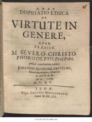 Disputatio Ethica De Virtute In Genere