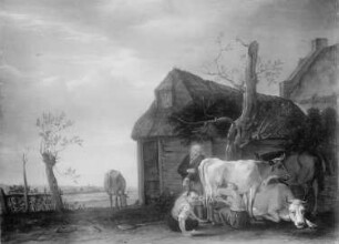 Melkszene vor einem Bauernhaus