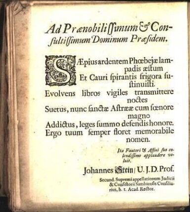 Ad Prænobilissimum & Consultissimum Dominum Præsidem.