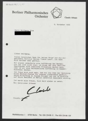 Brief an Wolfgang Rihm, 09.11.1995