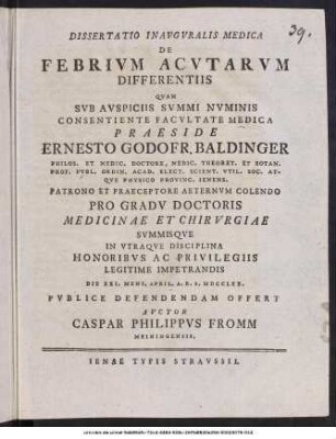 Dissertatio Inauguralis Medica De Febrium Acutarum Differentiis