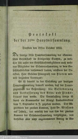 Protokoll bei der 31sten Hauptversammlung. Dresden den 22sten October 1833