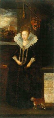 Margarethe von Braunschweig-Lüneburg (1573-1643), Gemahlin von Herzog Johann Casimir von Sachsen-Coburg, im Hintergrund Tenneburg