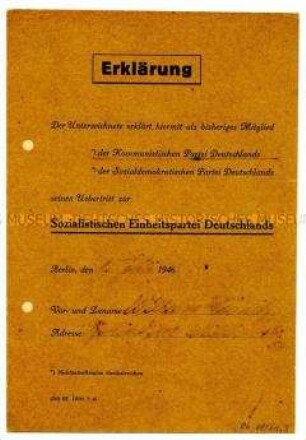 Erklärung des Übertritt von der KPD in die SED