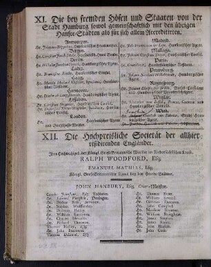 XI. Die bey fremden Höfen und Staaten von der Stadt Hamburg sowol gemeinschaftlich mit den übrigen Hansee-Städten als für sich allein Accreditirten.