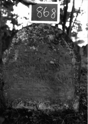 Grabstein 868 (Index: 100102975) Material: Sandstein Zustand: stark verwittert Maße HxBxT: 83x66x7 cm Beschreibung: Stele, Konvexbogenabschluss, Schriftfeld eingetieft: Grabstein 868
