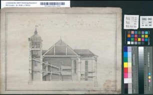 [Aufrisse, Querschnitte und Grundriss einer unbekannten evangelischen Kirche; lt. altem Kartenverzeichnis in Mülheim]. Leydte (?) fecit: Mülheim