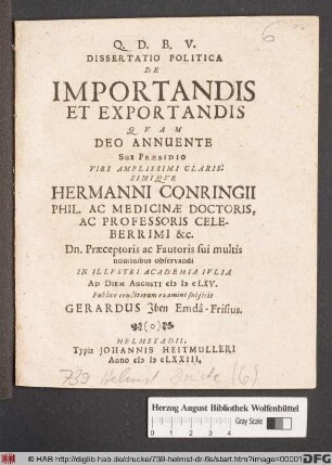 Dissertatio Politica De Importandis Et Exportandis