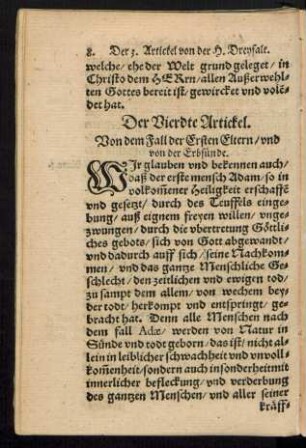 Der Vierdte Artickel. Von dem Fall der Ersten Eltern/ und von der Erbsünde.