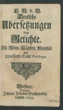 C. H. v. H. Deutsche Ubersetzungen Und Getichte