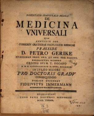 Dissertatio Inauguralis Medica De Medicina Universali