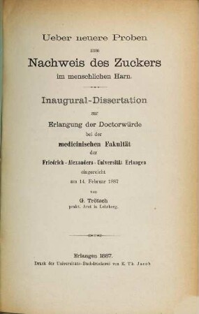 Ueber neuer Proben zum Nachweis des Zuckers im menschlichen Harn