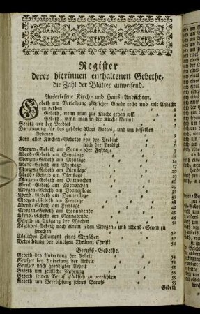 Register derer hierinnen enthaltenen Gebethe, die Zahl der Blätter anweisend.