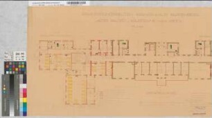 Erweiterungsbau des Krankenhauses Bardenberg. "Alter Bauteil"-Erweiterung nach Osten. Z. T. kolorierte Grundrisse. Obergeschoß