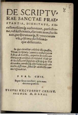 Dissertatio de Scripturae Sanctae praestantia