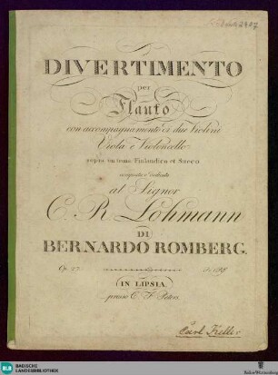 Divertimento per Flauto con accompagnemento di due Violini Viola e Violoncello sopra un tema Finlandico et Sueco : op. 27