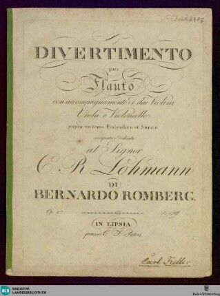 Divertimento per Flauto con accompagnemento di due Violini Viola e Violoncello sopra un tema Finlandico et Sueco : op. 27