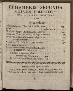 Ephemeris Secunda Motuum Coelestium Ad Annun Æræ Christianæ 1702.