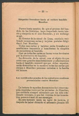 Simpatías femeninas hacía el celébre bandido Musolino