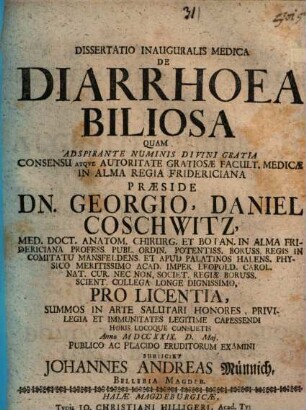 Dissertatio Inauguralis Medica De Diarrhoea Biliosa