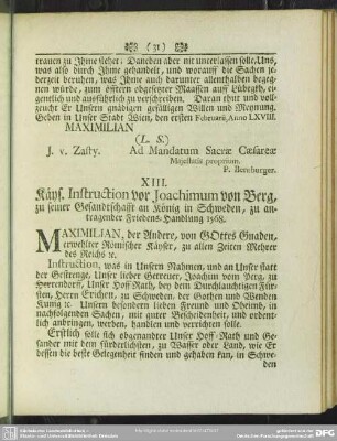 XIII. Käys. Instruction vor Joachimum von Berg, zu seiner Gesandtschafft an König in Schweden, zu antragender Friedens-Handlung 1568