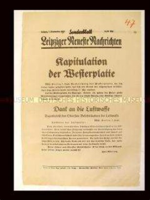 Sonderblatt der "Leipziger Neuesten Nachrichten" zur Kapitulation der polnischen Besatzung der Westerplatte