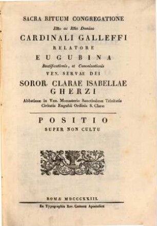 Eugubina beatificationis, et canonizationis ven. servae Dei soror. Clarae Isabellae Gherzi abbatissae in ven. monasterio ss. trinitatis
