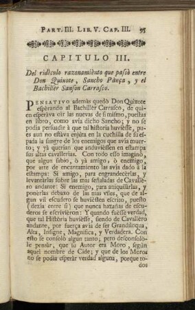 Capitulo III. Del ridìculo razonamiènto que passò entre Don Quixote, Sancho Pànça, y el Bachillèr Sanson Carrasco
