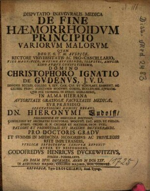 Dispvtatio Inavgvralis Medica De Fine Haemorrhoidvm Principio Variorvm Malorvm