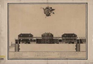 Längsschnitt durch die westlichen Eckpavillons mit Ansicht des Wallpavillons des Zwingers in Dresden, Kupferstich, um 1721 : [Durchschnitt durch den Westteil des Zwingers] / Inv. et desig. Pöppelmann. Zucchi fc. - [Dresden] , [um 1721]. - 1 Durchschnitt : Kupferstich ; 64 x 39 cm