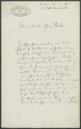 19. Februar 1885, Berlin [Brief von Alphons Stübel an Max Uhle]
