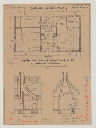Kaisermühl (Kreis Lebus): [Hof Zachert]. - [Wohnhaus] (Grundriss). - [Räucherkammer im Wohnhaus] (Schnitte)