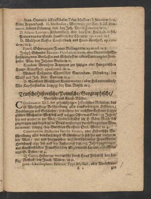 Teutsche Historische/ Politische/ Geographische/ Poetische und Kunst-Bücher.