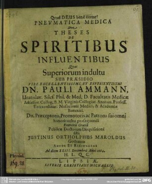 Pneumatica medica sive Theses de spiritibus influentibus