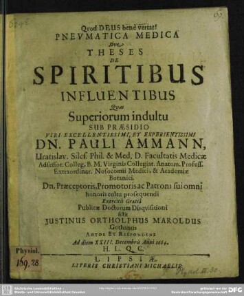 Pneumatica medica sive Theses de spiritibus influentibus