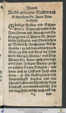 Vorred An die gesambte Brüder und Schwestern St. Annae Bruderschafft.