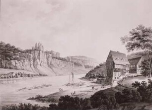 Krippen und Schrammsteine mit Elbeund Flößen : Flöße auf der Elbe, Umrissstich um 1810