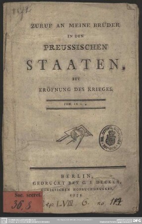 Zuruf An Meine Brüder In Den Preussischen Staaten, Bey Eröfnung Des Krieges