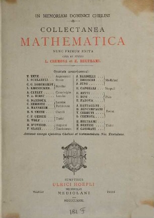 Collectanea mathematica : in memoriam Dominici Chelini