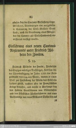 Einführung eines neuen Cantons-Reglements unter Friedrich Wilhelm den Zweiten