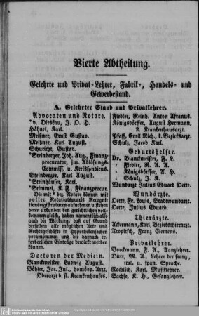 Vierte Abtheilung. Berufsklassen und Gewerbebetriebe : Vierte Abtheilung. Gelehrte und Privat-Lehrer, Fabrik-, Handels- und Gewerbestand