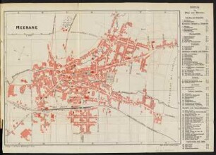 Plan von Meerane, 1:7 000, Lithographie, 1893 : Plan von Meerane. - 1:7 000. - Würzburg u. Wien : Woerl , 1893. - 1 Kt : mehrfarb. Lithogr. ; 30 x 23 cm. - Mit Gebäudeverzeichnis