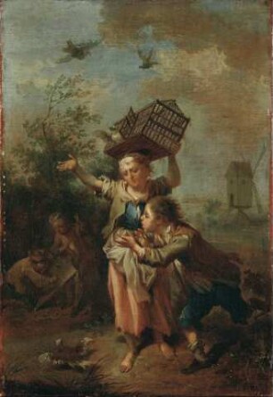 Ein Knabe und ein Mädchen mit Vogelbauer