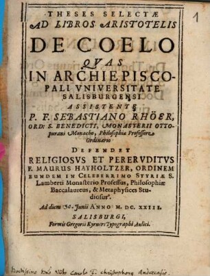 Theses Selectae Ad Libros Aristotelis De Coelo