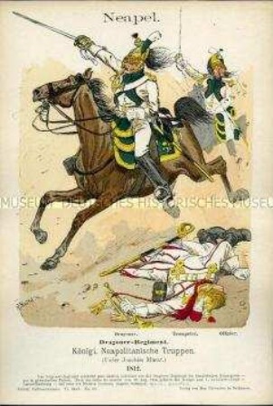 Uniformdarstellung, Gemeiner, Trompeter und Offizier des Dragoner-Regiments, Königreich Neapel, 1812.
