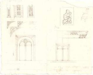 Gärtner, Friedrich von; München, Ludwigstr.; Skizzen - Fenster (Ansichten); Gesims u. Ornamente (Details); Frau m. Kind (Studie)