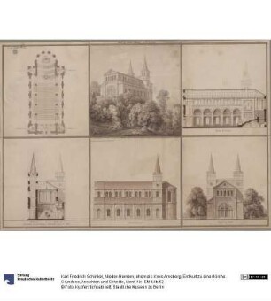 Nieder-Hemern, ehemals Kreis Arnsberg. Entwurf zu einer Kirche. Grundriss, Ansichten und Schnitte