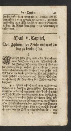 Das V. Capitel, Von Fischung der Teiche und was dabey zu beobachten.