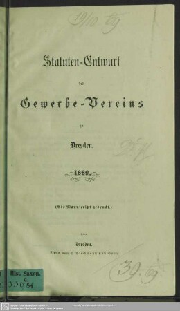 Statuten-Entwurf des Gewerbe-Vereins zu Dresden