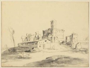 Italienische Kirche, Häuser und Ruine auf einem Hügel